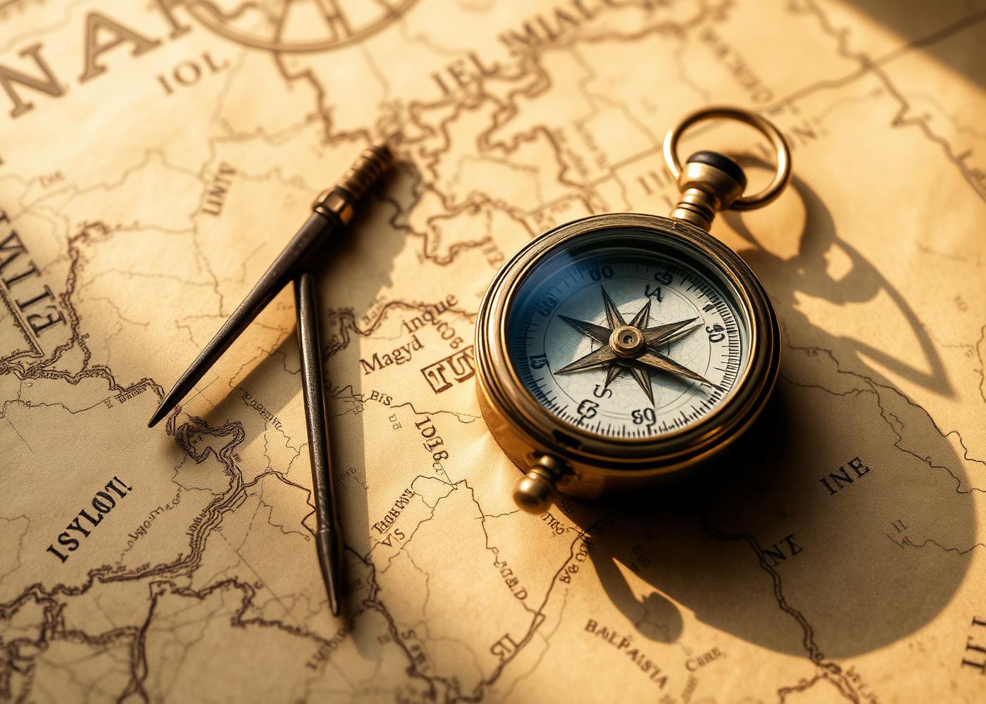 Brass compass on a nautical chart